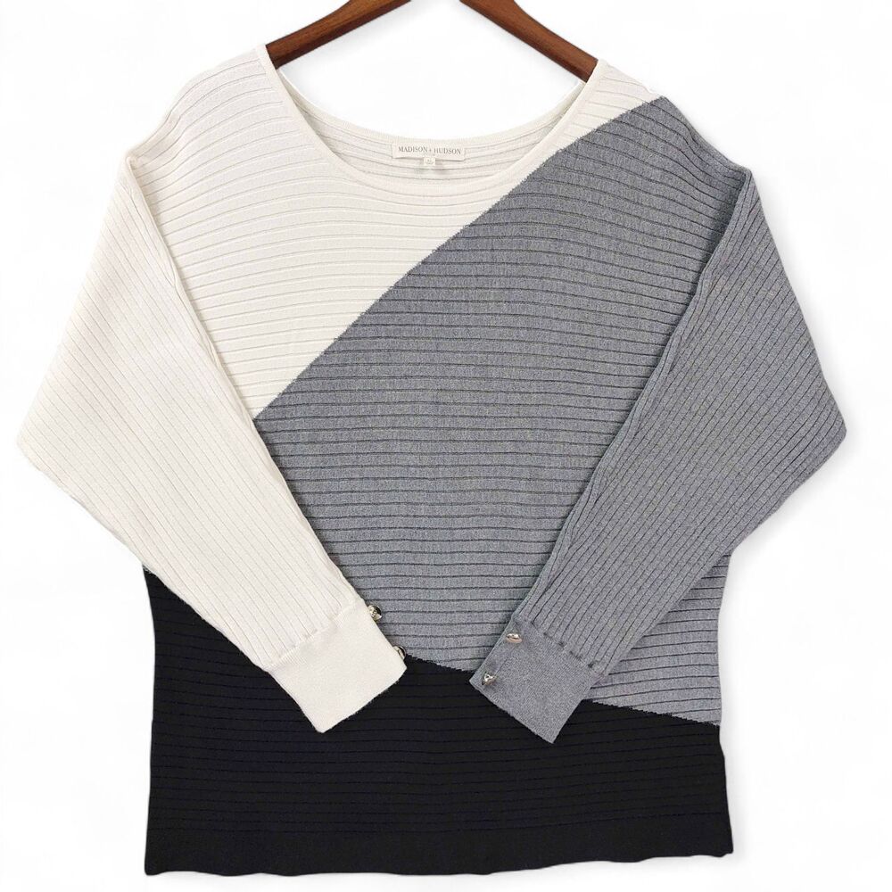 Madison + Hudson Sweater Womens XL Black Gray White Colorblock Ribbed Dolman